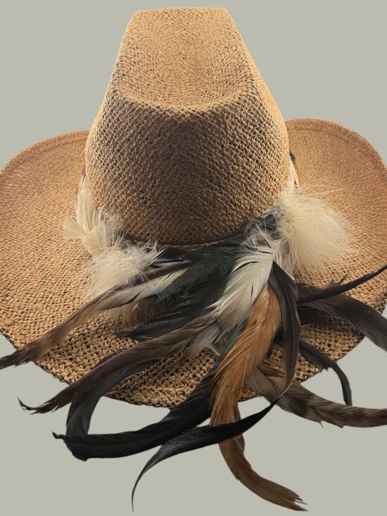 Vintage Boho Feather Straw Cowboy Hat Festival Rancher Western Large main image 5